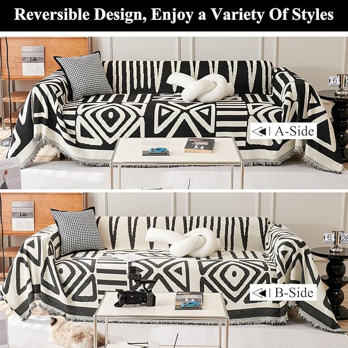 STACYPIK Reversible Boho Couch Cover Ivory Black Futon Armchair Slipcovecrs Anti-Slip Sofa Cover for Dogs Cats Geometric Triangle Couch Cover Versatile Furniture Protector for 2 Cushion Couch-71X90IN