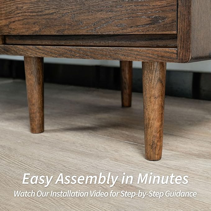 Night Stand, Mid Century Modern Nightstand w/2 Drawers, Boho Small Bedside Table, Oak Solid Wood, 17.72 W x 15.75 D x 19.69 H Inches (Walnut, Double Drawer)