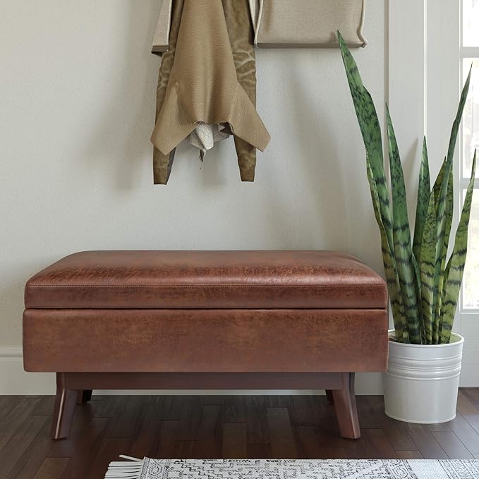 SIMPLIHOME Owen 36 inch Wide Mid Century Modern Rectangle Small Rectangular Storage Ottoman in Distressed Saddle Brown Vegan Faux Leather, Assembled, for the Living Room, Entryway and Family Room