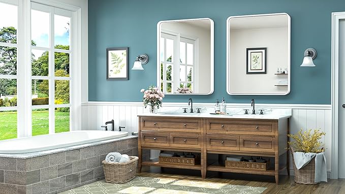 TokeShimi 24 x 32 Inch White Mirror Wall Mirror for Bathroom White Metal Frame Decorative Rectangular Wall Mounted Home Decor Corner Hangs (Horizontal/Vertical) Living Room Entryway