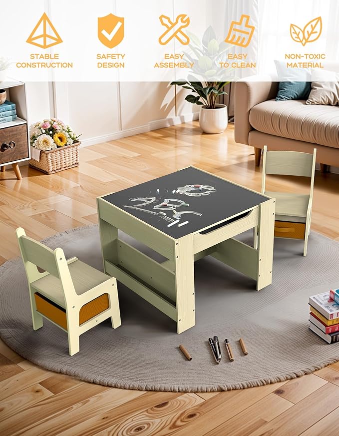 Joyooss Kids Table and Chair Set,4 in 1 Wooden Activity Toddler Table and Chairs Ages 3-7,2 in 1 Tabletop Drawing Reading Crafts Toddler Desk for Playroom,Kid Art Desk for Nursery Storage