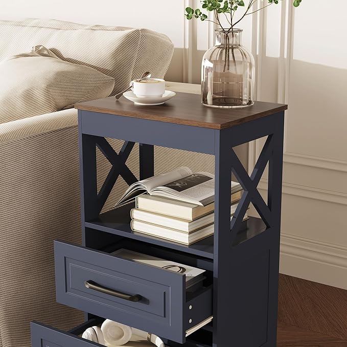Tall Nightstand Set of 2 Side Table with 2 Drawers Modern Night Stand Wooden Rustic End Table Bedside Table with Upper Open Shelf Solid Feet for Bedroom, Living Room, Navy Blue+Walnut