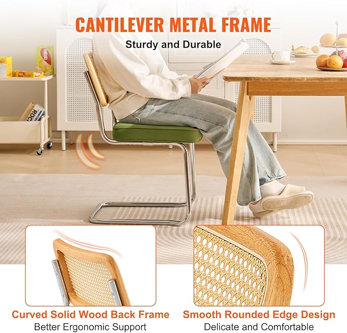 VEVOR Rattan Dining Chairs Set of 2, Mid Century Modern Dining Chair, Upholstered Velvet Accent Chair with Rattan Back, Retro Dining Room Kitchen Chair for Living Room, Bedroom (18.1 Inch)