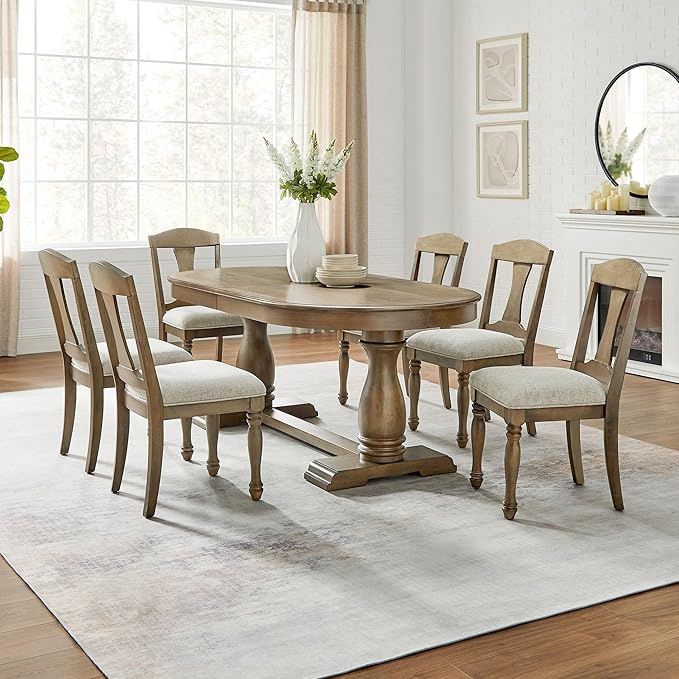 KEIKI Retro 7-Piece Wooden Dining Table Set for 6 Person, Vintage Table Set with Extendable Curved MDF Wood Grain Table and 6 Upholstered Chairs, Easy Assembly, for Kitchen, Dining Room, Whtie Oak