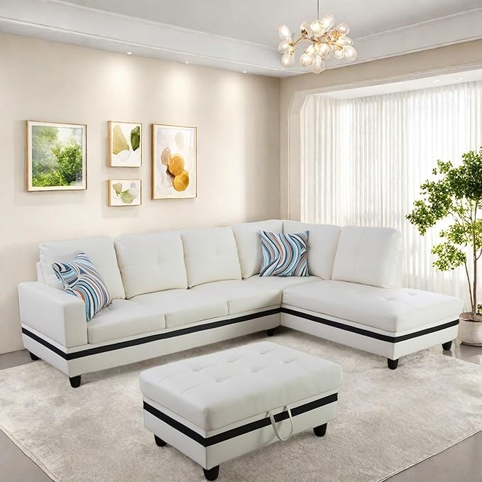 Sectional Couch with Ottoman Storage, L Shaped Sofa Furniture Sets, Modern Modular Couch Comfy Sofa for Living Room Bedroom, White