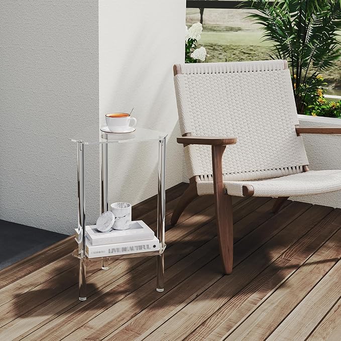 HMYHUM Clear Acrylic Triangle End Table, Corner Side Table for Small Spaces, Small Accent Table for Living Room, Bedroom and Balcony, Easy Assembly