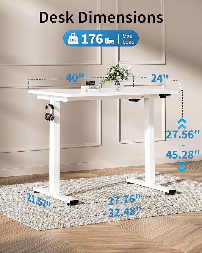Okin Small Electric Standing Desk, 40" x 24" Whole Piece Height Adjustable White Sit to Stand Desk Computer Workstation for Home Office