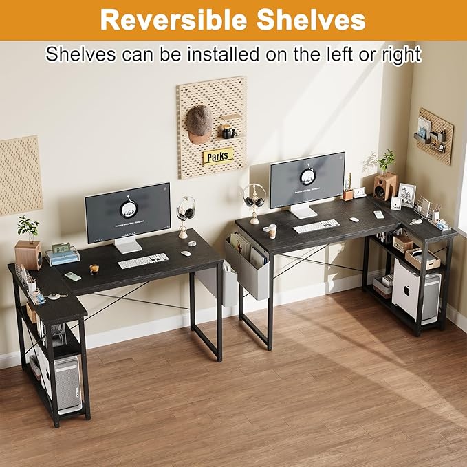 L Shaped Computer Desk with Reversible Shelves, 47 Inch Small Corner Desk with Storage Bag, Gaming Desk Computer Table Study Writing Table for Home Office Bedroom Small Space, Black