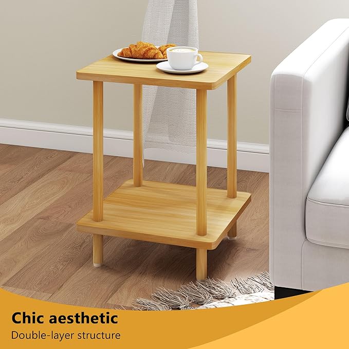 2-Tier End Table,Multi-Layer Side Cabinet with 4 Solid Wood Sturdy Legs for Living Room and Bed Room, Minimalist Modern (15.8"*15.8"*21")