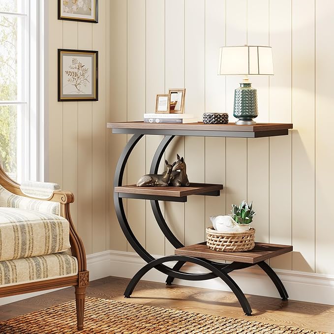 Tribesigns C-Shaped End Table, Industrial 3-Tier Small Side Table for Couch, Wood Bedside Table Snack Side Table with Storage Shelves for Living Room Small Space, Rustic Brown