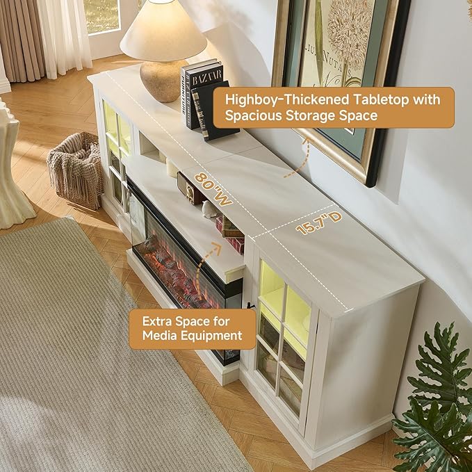 ROCKPOINT 3 Sided Glass 80" Fireplace TV Stand for TVs up to 90", Media Entertainment Center with Glass Door Storage Cabinet for Living Room,36" Electric Fireplace & Adjustable LED Light,White