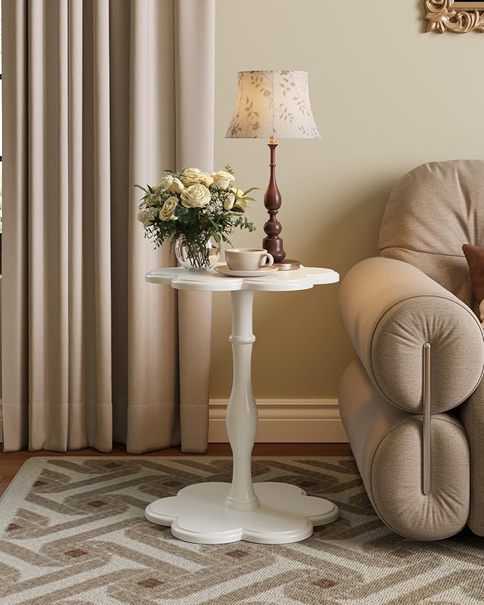Accent Solid Wood End Table for Living Room, Small Bedside Tables Nightstand for Bedroom, Unique Pedestal Side Table, Round Wooden Tables for Drinks, Plants & Home Decor (White)
