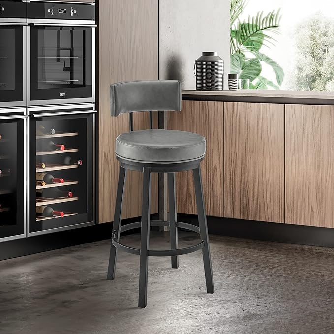 Armen Living Dalza Swivel Counter or Bar Stool in Black Finish with Grey Faux Leather