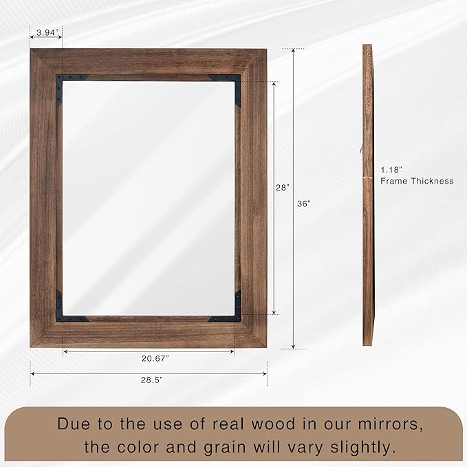 28"x36" Solid Wood Bathroom Mirror Tempered Glass for Wall Mounted, Rustic Wood Frame Wall Mirror Decorative for Living Room Bedroom Vanity Mirror, Rustic Brown