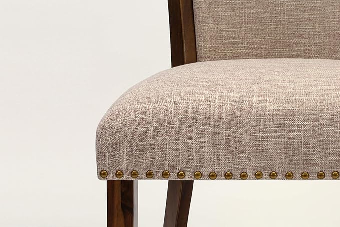 East West Furniture VEP8T04 Verona Parsons Dining Chairs - Nailhead Trim Light Tan Linen Fabric Upholstered Chairs, Set of 2, Walnut