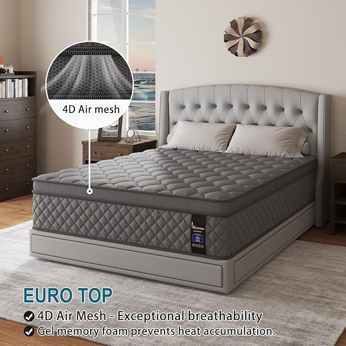 Full Mattress, 12 Inch Hybrid Mattresses Grey, Mattress Medium Firm for Back & Lumbar Support, 100 Night Trial, Individual Pocket Spring for Motion Isolation & Pressure Relief