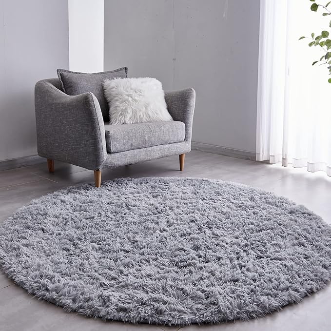 FJZFING Grey Round Rug Ultra-Soft Plush Modern 4x4 Circle Area Rug for Kid's Bedroom, Fluffy Shag Circular Rug for Nursery Room, Non-Slip Home Decor Cute Grey Carpet for Teen's Room
