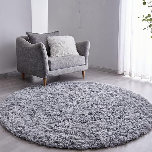 FJZFING Grey Round Rug Ultra-Soft Plush Modern 5x5 Circle Area Rug for Kid's Bedroom, Fluffy Shag Circular Rug for Nursery Room, Non-Slip Home Decor Cute Grey Carpet for Teen's Room