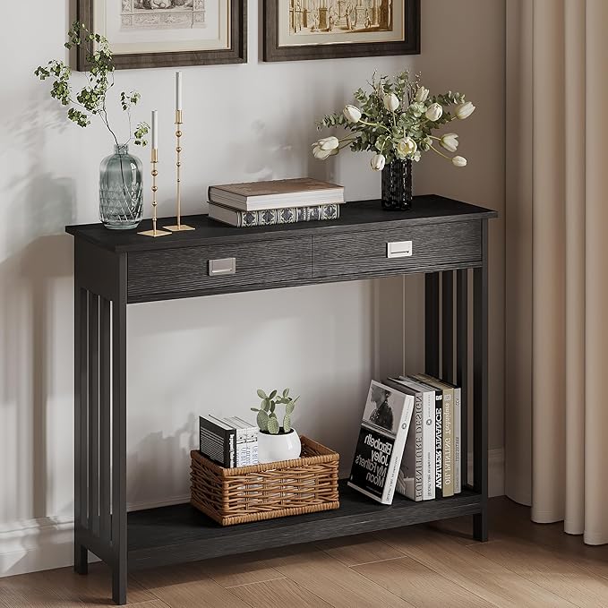 ChooChoo Black Entryway Table with Drawer, Narrow Console Table, Sofa Table with Storage Shelf for Entryway, Living Room and Hallway
