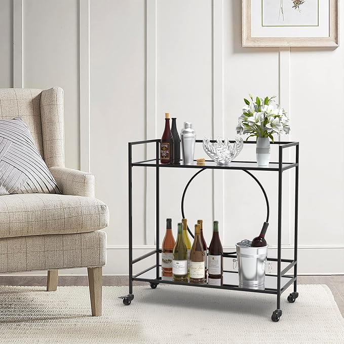 RiteSune Black Bar Cart with Wheels, Vintage Serving Cart Wine Cart with 2 Mirror Shelves, Alcohol Cart Liquor Bar Carts for Home Bar