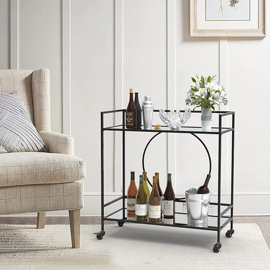 RiteSune Black Bar Cart with Wheels, Vintage Serving Cart Wine Cart with 2 Mirror Shelves, Alcohol Cart Liquor Bar Carts for Home Bar