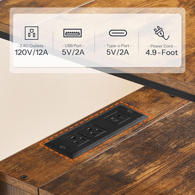 HOOBRO End Table with Charging Station, Bedside Table with 2 Drawer & USB Port & Type-C Port, Nightstand for Small Spaces, Stable and Sturdy, for Living Room, Rustic Brown BF43UBZ01