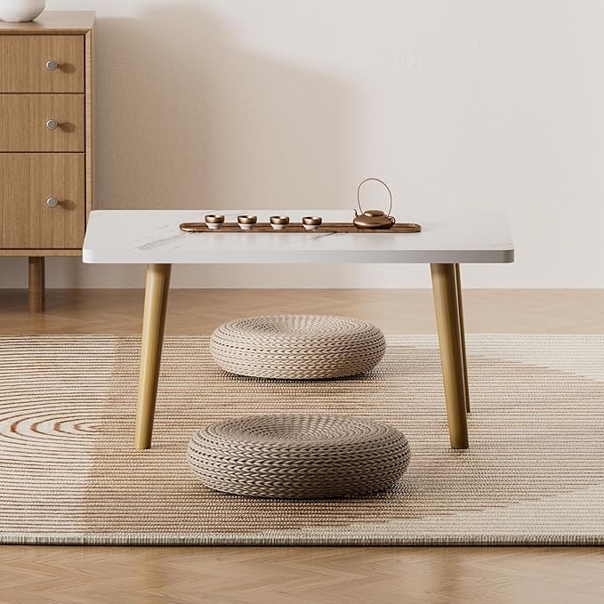 Small Coffee Table for Small Space, Low Table, Floor Table Desk for Sitting on The Floor, Storage Living Room Furniture, Tatami Tea Tables with Solid Wood Legs, Home Office, Farmhouse, Rectangle White