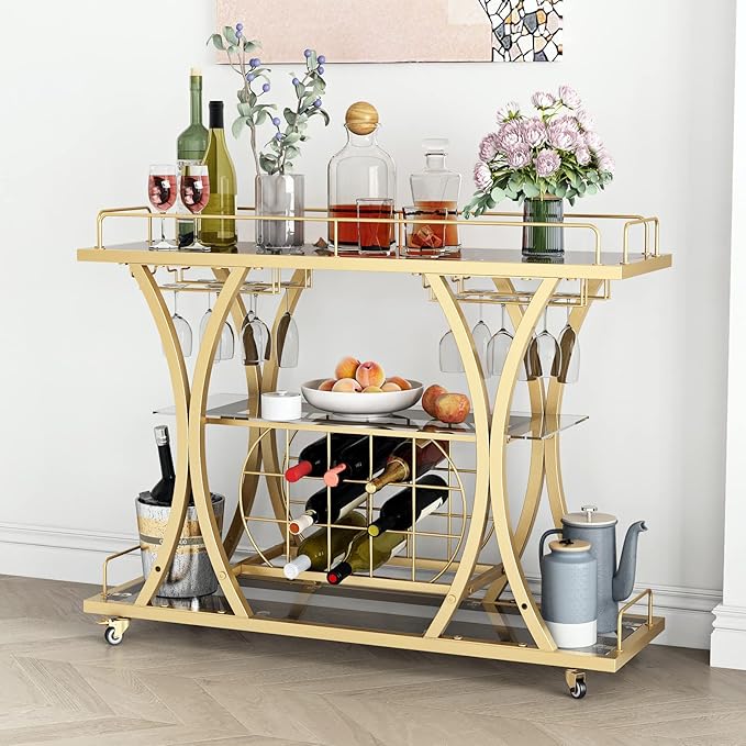 Gold Bar Carts with Glass Holders & Wine Rack,3 Tier Home Bar Serving Carts with Glass Shelves,Metal Rolling Bar Carts for The Home Kitchen, Party