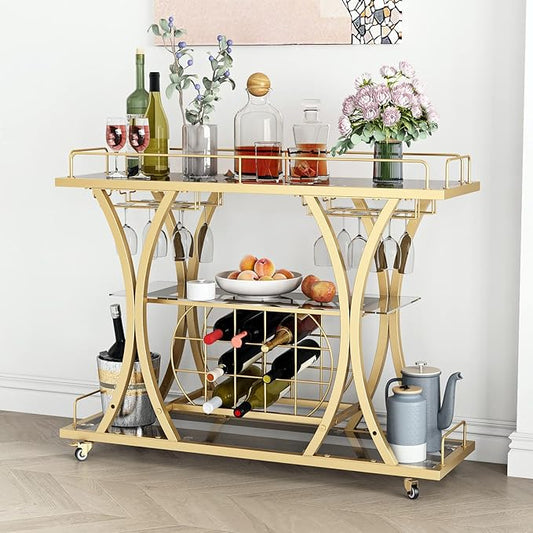 Gold Bar Carts with Glass Holders & Wine Rack,3 Tier Home Bar Serving Carts with Glass Shelves,Metal Rolling Bar Carts for The Home Kitchen, Party