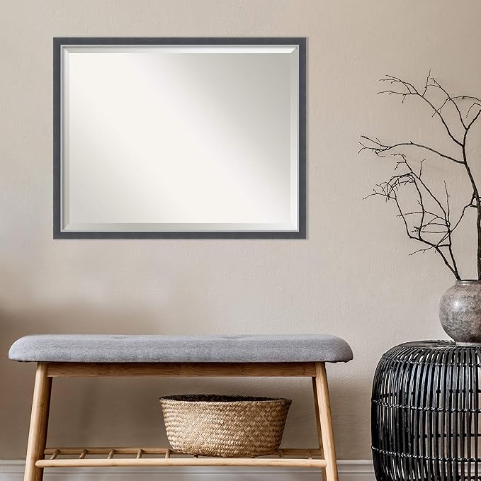 Amanti Art Black Bathroom Mirror for Over Sink, 24x30 Eva Black Silver Thin Rectangle Vanity Mirror, Large Modern Contemporary Frame, Hangs Horizonally and Vertically, Bathroom Wall Decor, Beveled