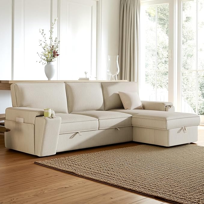 96.1 Inch L-Shaped Convertible Sectional Sleeper Sofa with Pull Out Bed, Storage Bags and 2 Hidden Cup Holders on Arms, Upholstered Corner Couch for Living Room Office Apartment, Beige