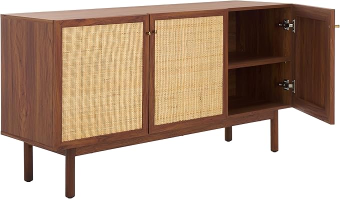 SAFAVIEH Aino TV Stand for up to 60" Flatscreen – Walnut Brown with Rattan Mesh, 3 Doors with Interior Storage, Sideboard Cabinet, Entertainment Media Console (MED9618A)