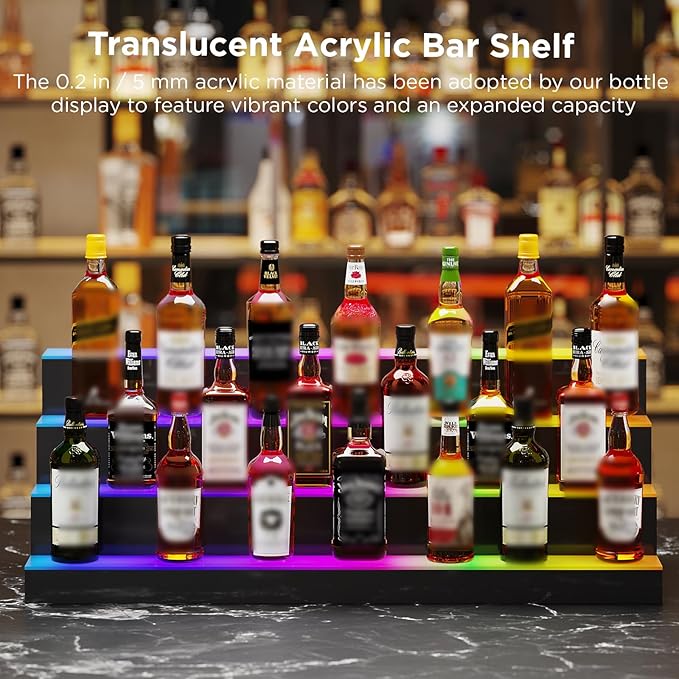 Dethan 4 Tier 40 Inch Liquor Bottle Display Shelf - Wine Racks with Multi-Color App & Remote Control, Adjustable Brightness & Sound Modes, Acrylic Bar Shelves for Commercial Clubs