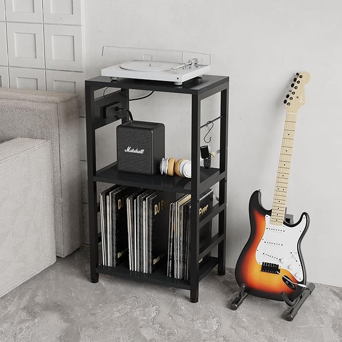 End Table with LED Light,Record Player Stand with Charging Station,Vinyl Records Storage,Turntable Stand Albums Storage for Music Room Studio-Industry Black