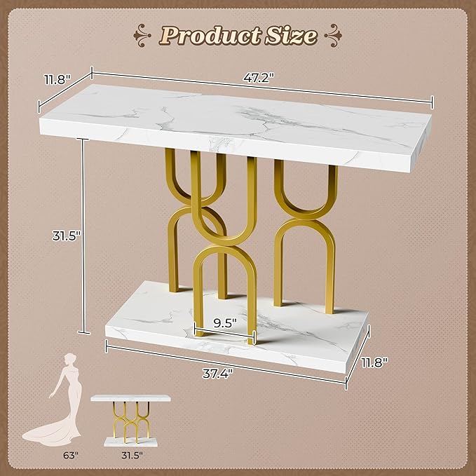 Huuger 47.2 Inch Entryway Table with Marble Top, Modern Console Sofa Table, Accent Table, for Entry, Hallway, Entrance, Foyer, U-Shaped Metal Base, White Marble & Gold