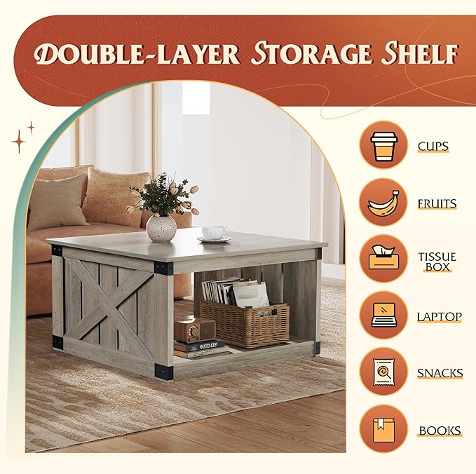 WLIVE Coffee Table, Farmhouse Coffee Table with Open Storage, 31.5" Wood Square Living Room Tables, Rustic Dining Cocktail Center Table for Living Room, Greige