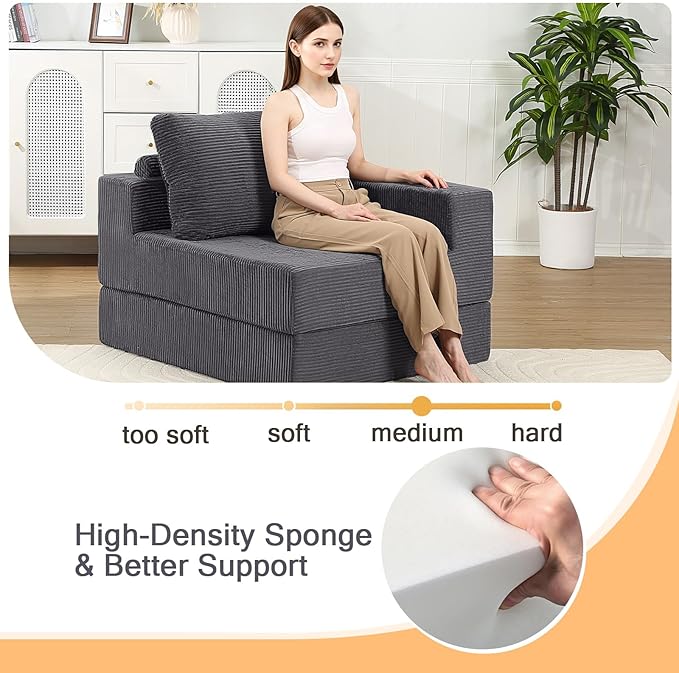 MeMoreCool Convertible Sofa Bed Foldable Boneless Couch, Folding Sleeper Chair Bed with L-Shaped Armrest, Comfy Floor Lounge Couch for Adults, Fold Out Single Sofa Chair Futon for Indoor Bedroom