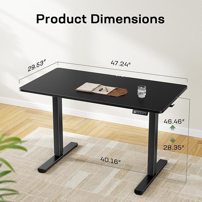 Marsail Electric Standing Desk with One-Piece Desktop,48 x 30 inch Height Adjustable Office Gaming Computer Desk with Deeper Tabletop,Home Office Stand up Desk with 4 Memory Presets, Desk for Bedroom