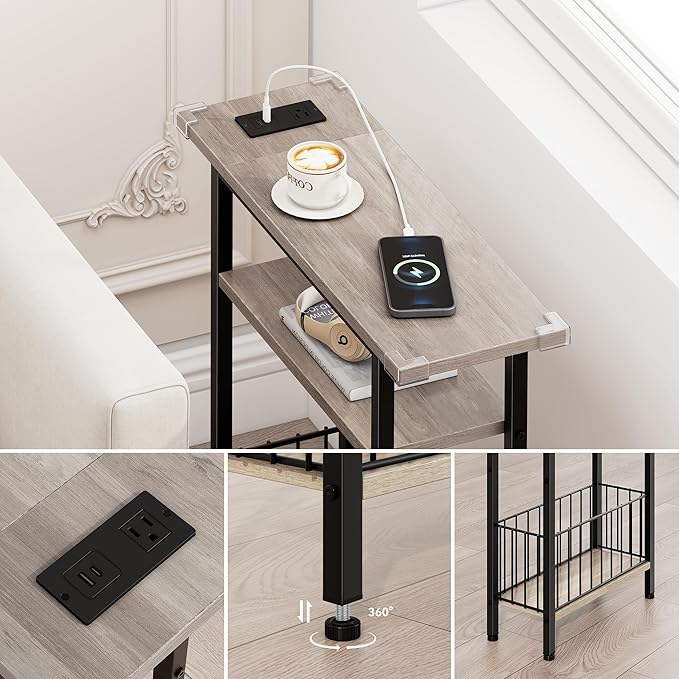 Vagusicc Narrow Side Table with Charging Station, Skinny Side End Table for Couch, 3-Tier Small End Tables for Small Spaces, 25.2" Tall Slim Nightstand Bedside Table for Living Room, Bedroom, Greige