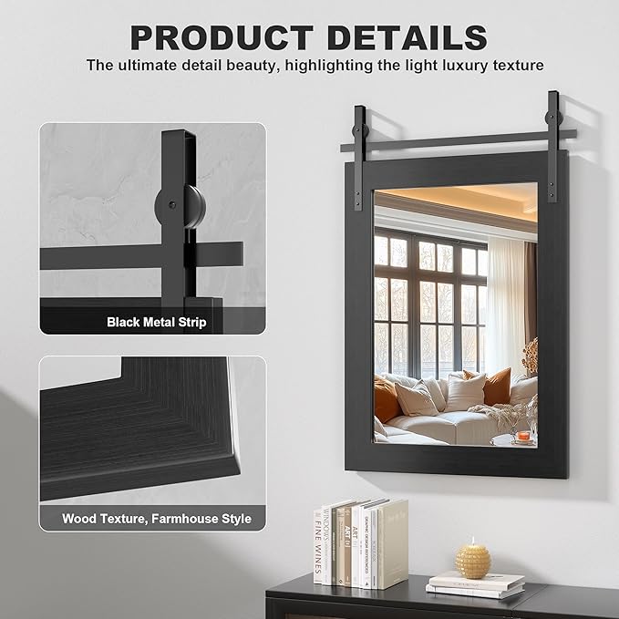 Hasipu Farmhouse Bathroom Mirror, 40"x26" Rustic Wood Framed Wall Mounted Mirror, Black Vintage Vanity Mirror Barn Door Style Decrative Mirrors
