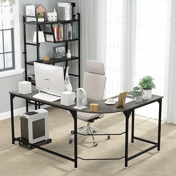 Teraves Reversible L Shaped Desk, 66.1" Gaming Desk, Corner Desks for Home Office, Space Saver Workstation Table, Modern Wooden Desk, BOAK
