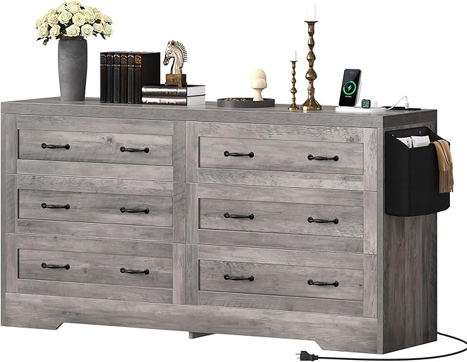 YITAHOME 6 Drawers TV Stand for 65 inches with Power Outlets -Chest of Drawers Dresser with Side Organizer Bag Entertainment Center TV Console, Grey