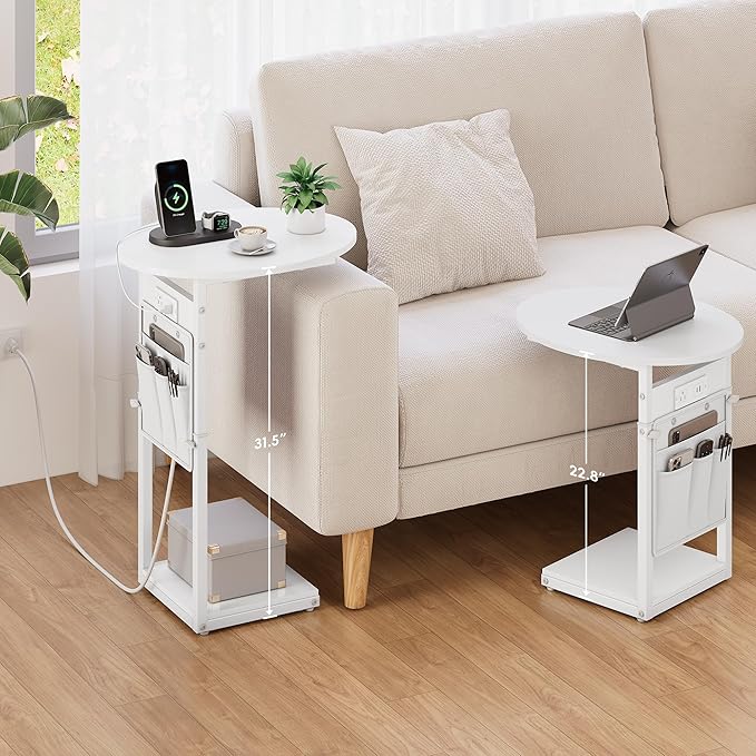 Vagusicc C Shaped End Table with Charging Station, 32" Tall Side Table for Couch and Recliner, Adjustable Height Small Couch Side Table Slide Under Sofa TV Tray Table for Living Room, Bedroom, White