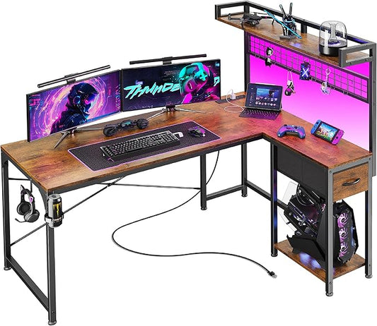 PRAISUN L Shaped Gaming Desk with Shelves, Corner Computer Table with LED Lights, Power Outlets and USB-C Ports, 50 Inch Reversible Home Office Desk with Storage Drawer, Work and Study, Rustic Brown