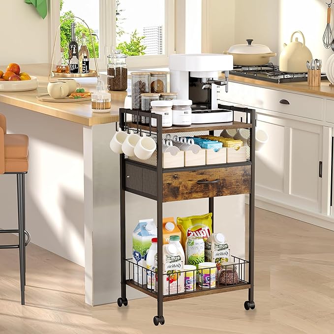 Small Coffee Bar Cart with Drawer Srorage, Coffee Bar Station Organizer Mug Cup Holder Stand, 3-Tier Coffee Table for Home Buffets & Sideboards, Office Coffee Station for Kichen, Entryway, Living Room
