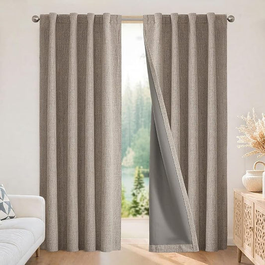 Joydeco 100% Blackout Curtains for Bedroom - Natural Linen Curtains 52"W x 120"L Long, Thermal Insulated 2 Panels Linen Light Blocking Drapes, Rod Pocket & Back Tabs, Darkening Privacy for Living Room