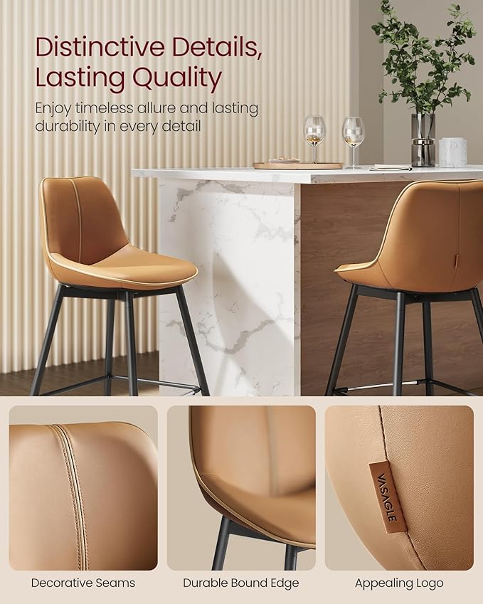 VASAGLE Bar Stools Set of 2, Bar Height Bar Stools with Back, Ergonomic Backrest, Synthetic Leather, Metal Legs, 28.7-Inch Tall Barstools for Kitchen Island Home Bar, Easy Assembly, Caramel Brown