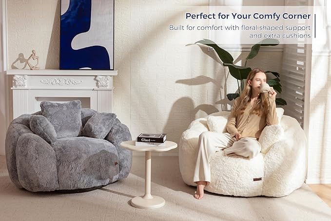 MAXYOYO Bean Bag Chair with 3 Pillows, Oversized Floral Shaped Bean Bag Sofa for Adults, Ultra Soft Faux Fur Floor Sofa, Large Stuffed Reading Chair for Living Room Bedroom, Grey