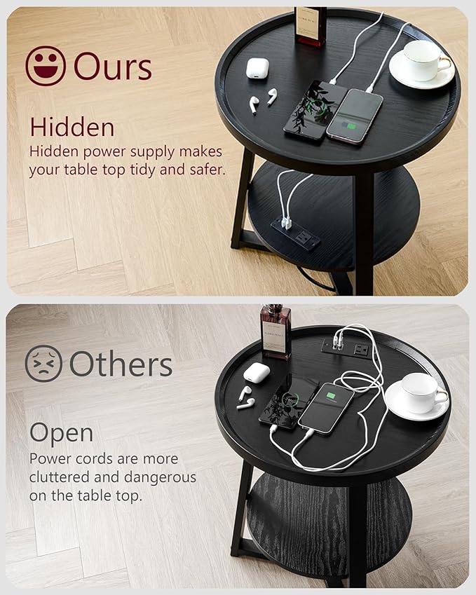 Round End Table with Charging Station, 19.7" Dia x 23.63" H, Side Table with Storage Shelf, Accent Table, for Living Room, Bedroom, Small Spaces, Metal Frame, Industrial Style (Black)
