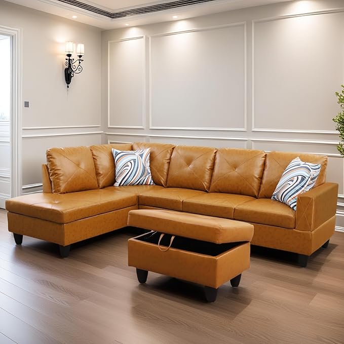 Leather Sectional Couch, Modern L Shaped Couches for Living Room, Comfy 4 Seat Modular Sectional Sofa with Ottoman Storage for Bedroom Apartment, Orange